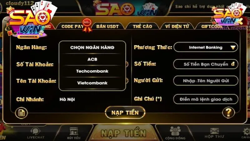 nạp tiền saowin tài khoản ngân hàng